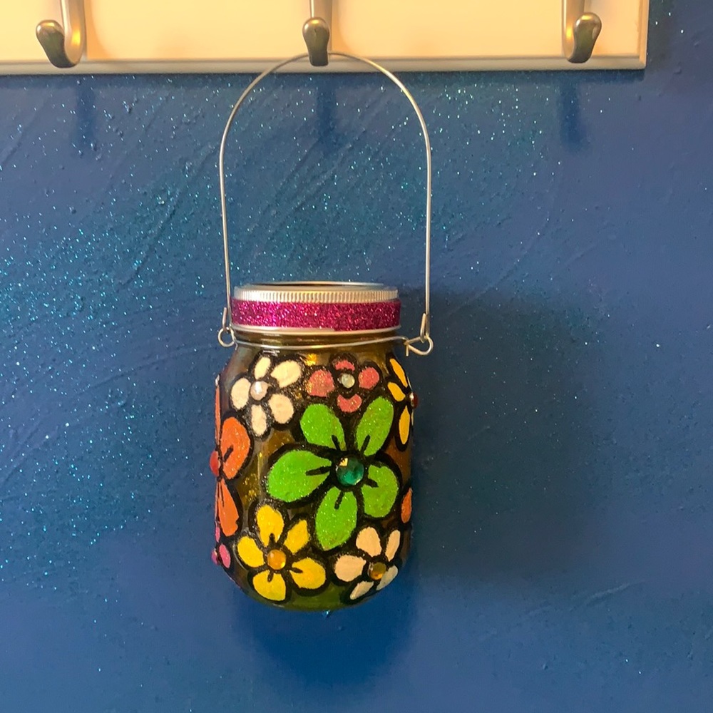 Fun & Funky Flower Power Sparkly Solar Lantern Hand-Painted by Love Marcy Arts